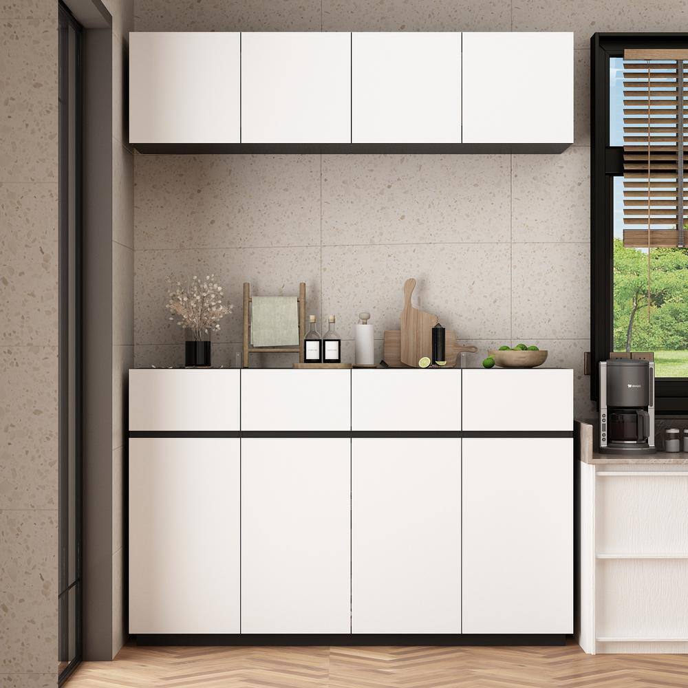 FUFUGAGA White Wood 63 in. W Buffet Kitchen Pantry Storage Cabinet With Doors Upper and lower cabinets 4-Drawers THD-260082+83