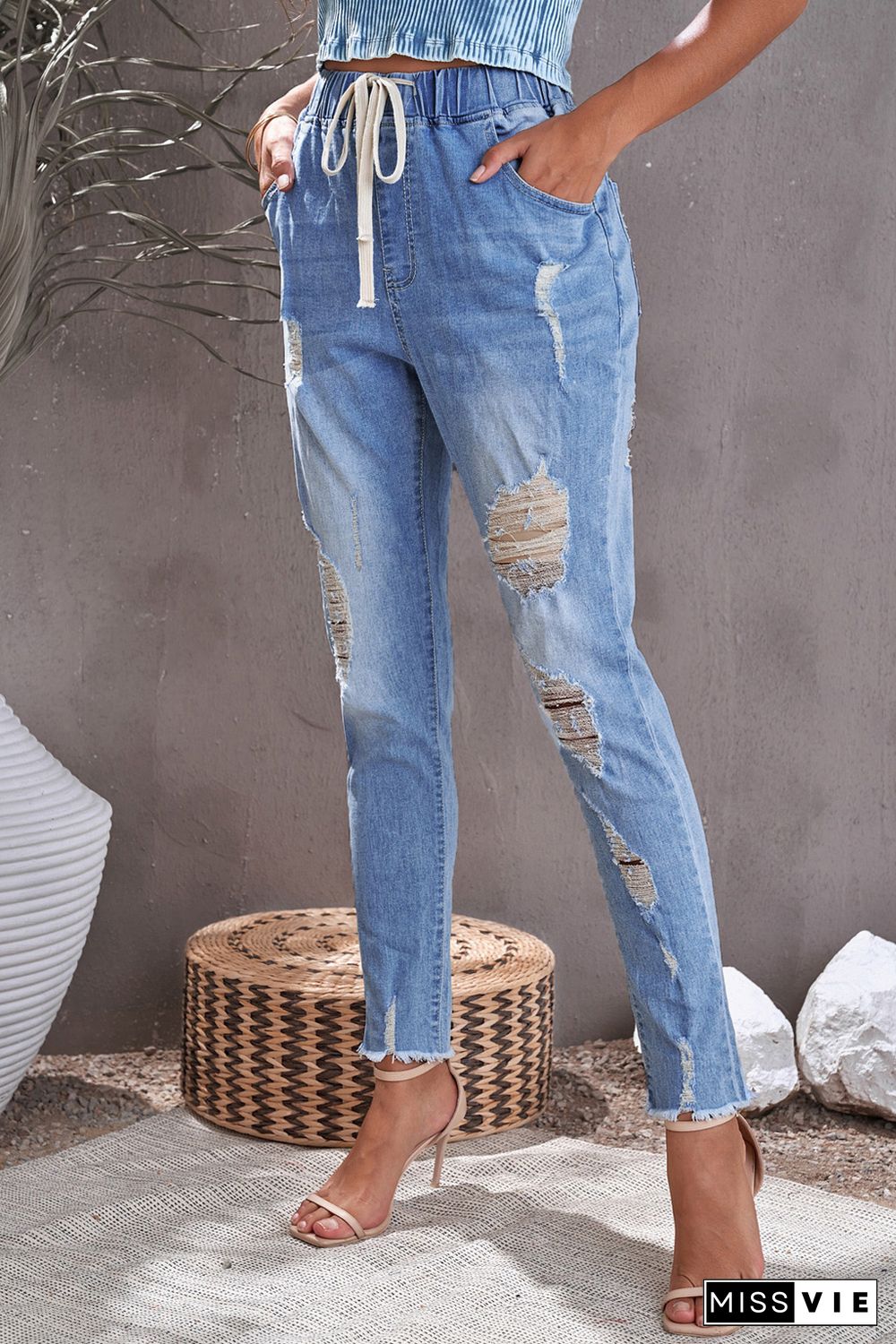 Sky Blue Drawstring Elastic Waist Hole Ripped Jeans