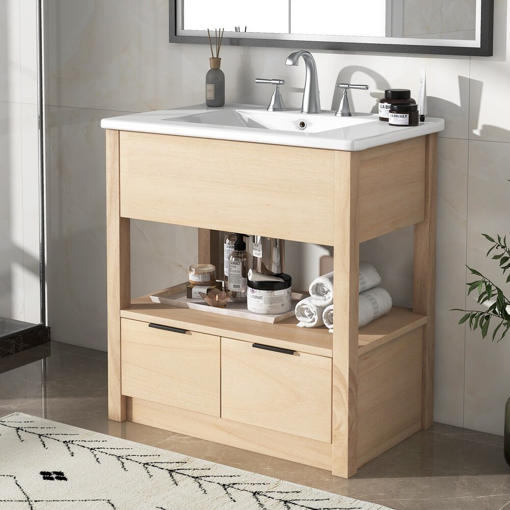 Multifunction Vanity with Ceramic Sink  Bathroom Sink Counter  Open Storage Shelf with 2 Drawers  Toilet Standing Cabinet