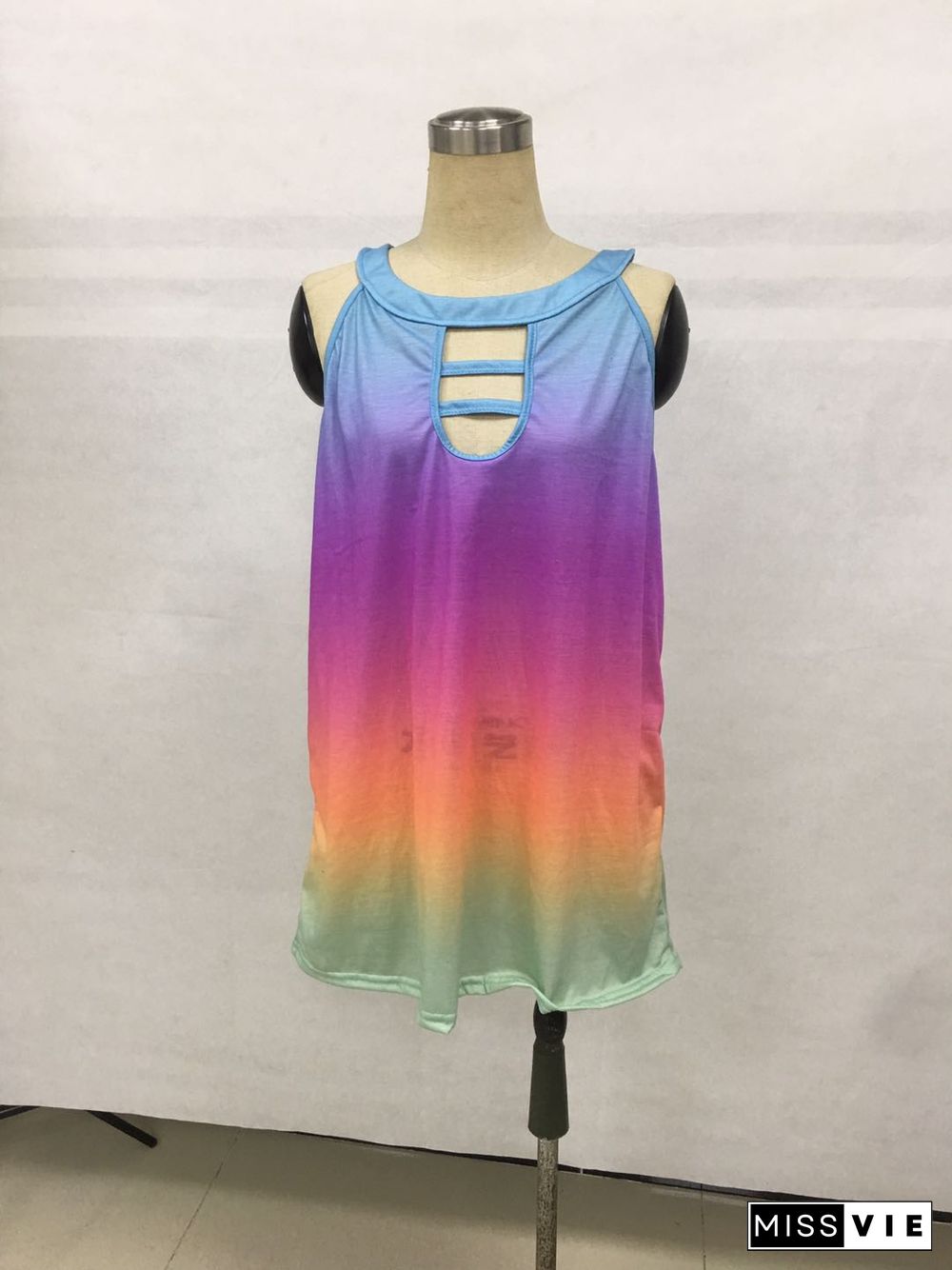 Pink Tie Dye Hollow Out Neck Tank Top