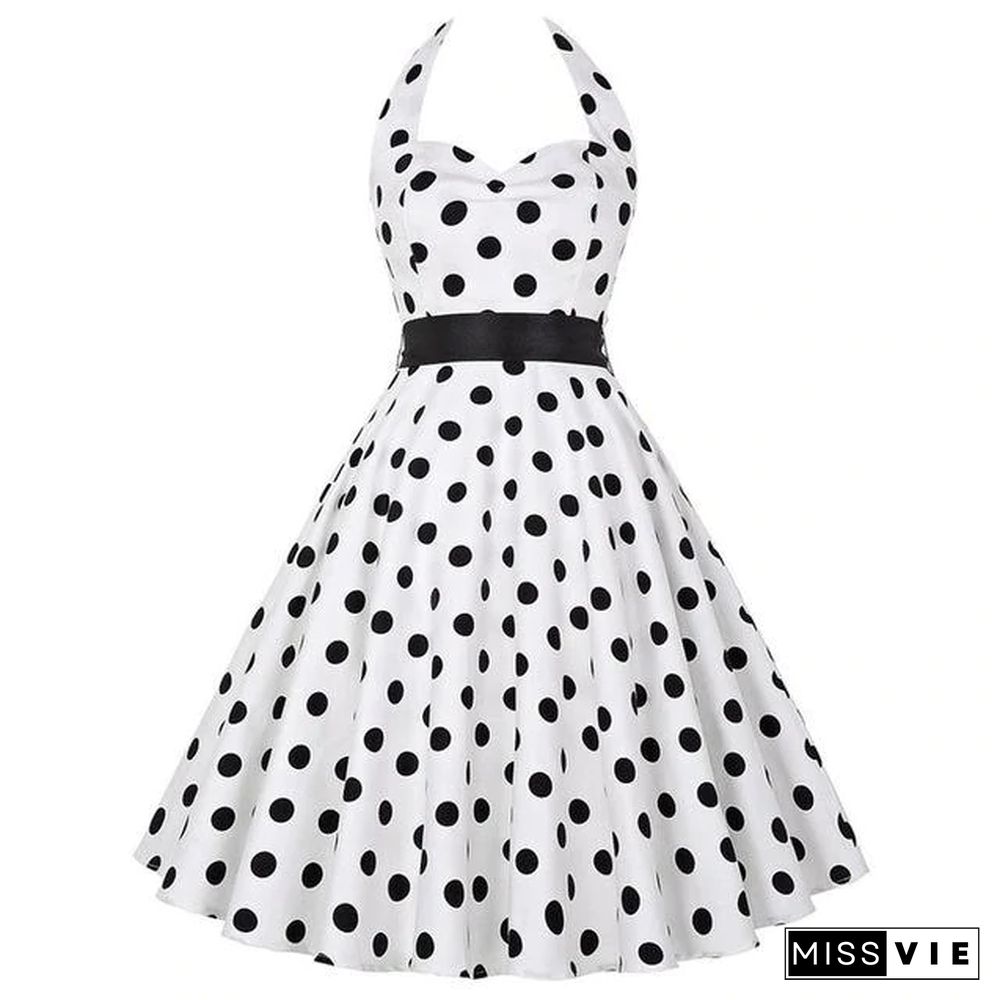 Sexy Halter Party Dress Retro Polka Dot Vintage Dresses Elegant Midi Dress