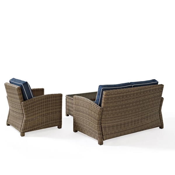 Crosley Bradenton Outdoor Wicker 3Piece Seating Set with Navy Cushions