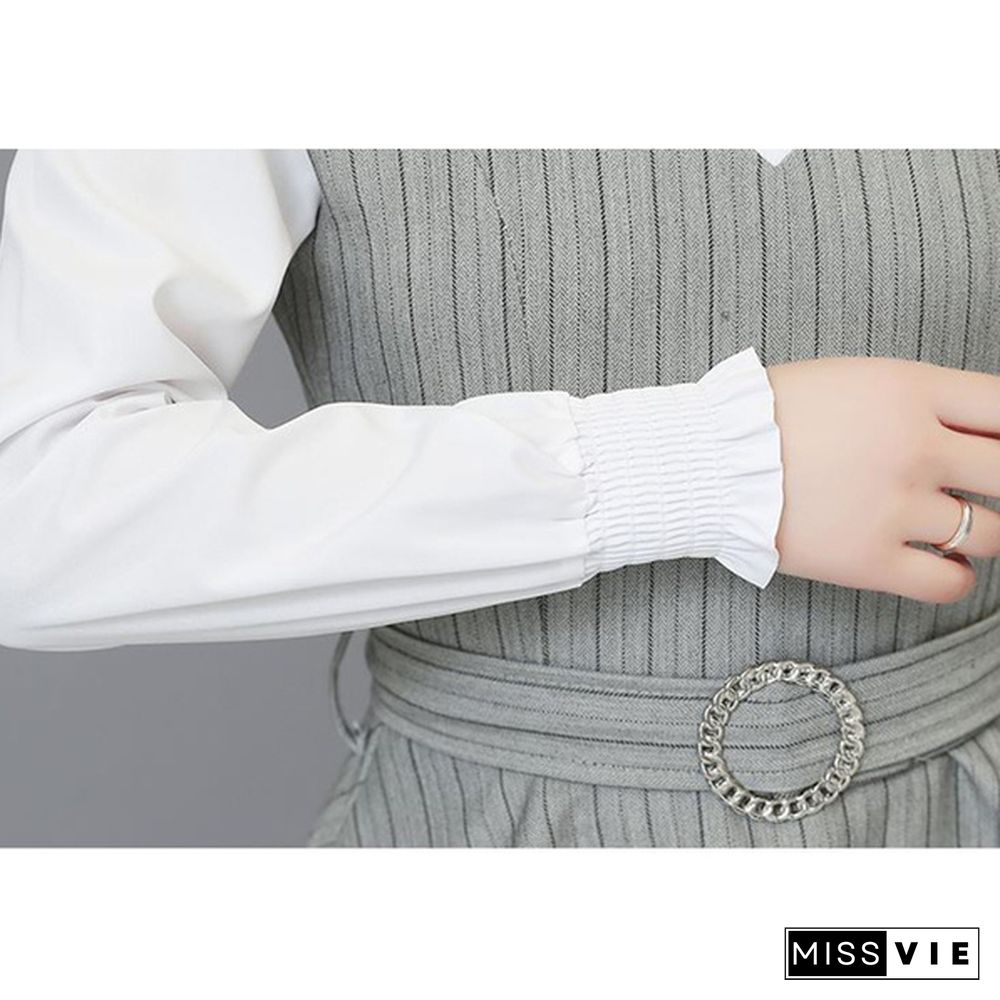 Grey Black Office Striped Two Piece Sets Outfits Women Plus Size Fake Two Pieces Shirts And Pants Suits Elegant Korean Sets