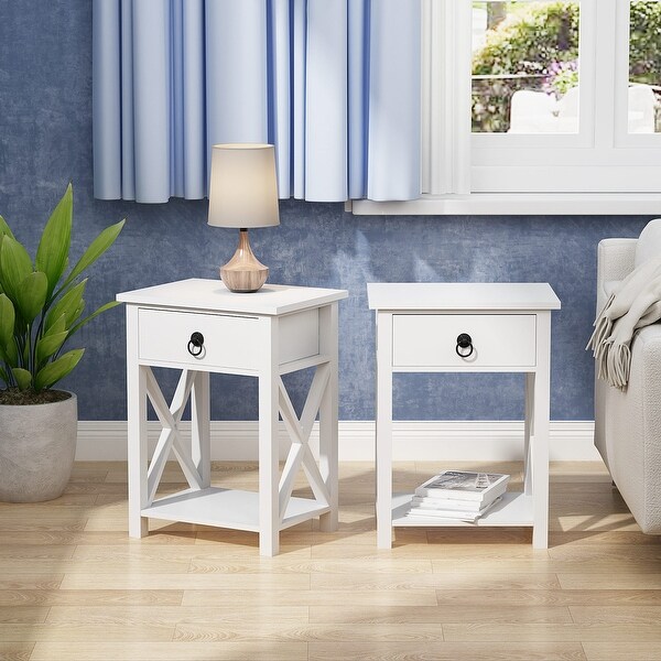 2 Piece Coffee Table with One Drawer Bedside Table X-Shaped Side Table with Storage Shelf End Table for Living Room，Bedroom