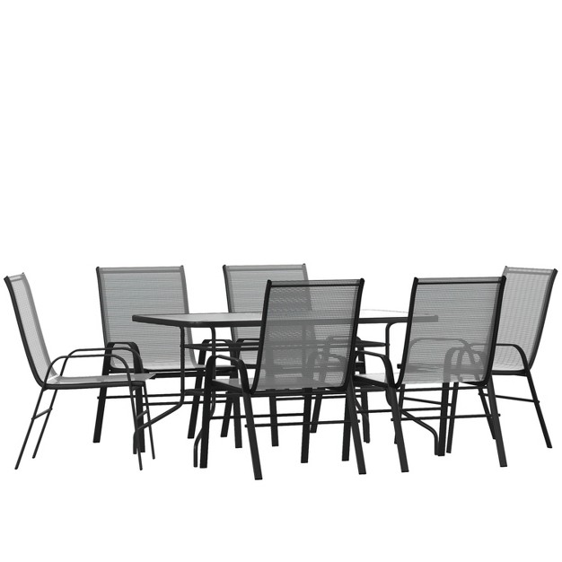 Emma And Oliver Seven Piece Patio Table Set With Metal Table With Tempered Glass Top And 6 Flex Comfort Stacking Chairs