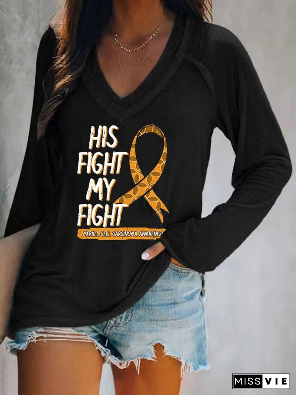 His Fight Is My Battle Merkel Cell Skin Cancer Women's Casual Printed Long Sleeve T-Shirt