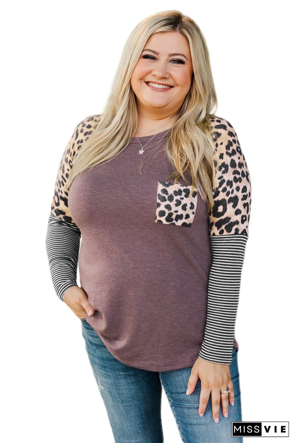 Brown Plus Size Leopard Pocket Top