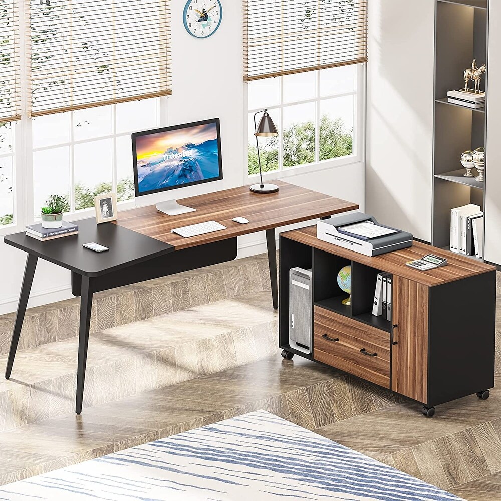 Executive Desk with Drawers File Cabinet  L Shaped Computer Desk with Storage Shelves  Large Office Desk Set