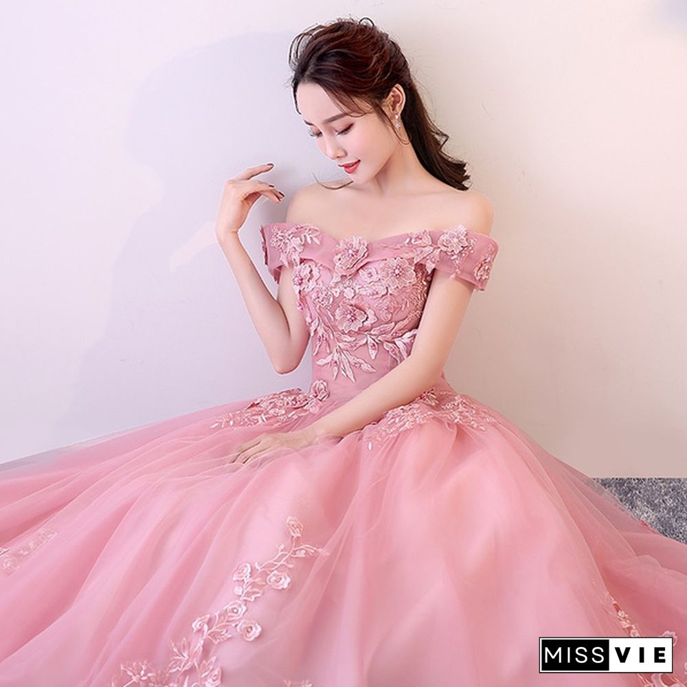 Off Shoulder Blush Pink Appliques Ball Gown Vintage Quinceanera Dresses Lace Up Formal Prom Gowns Pink Tulle Dresses