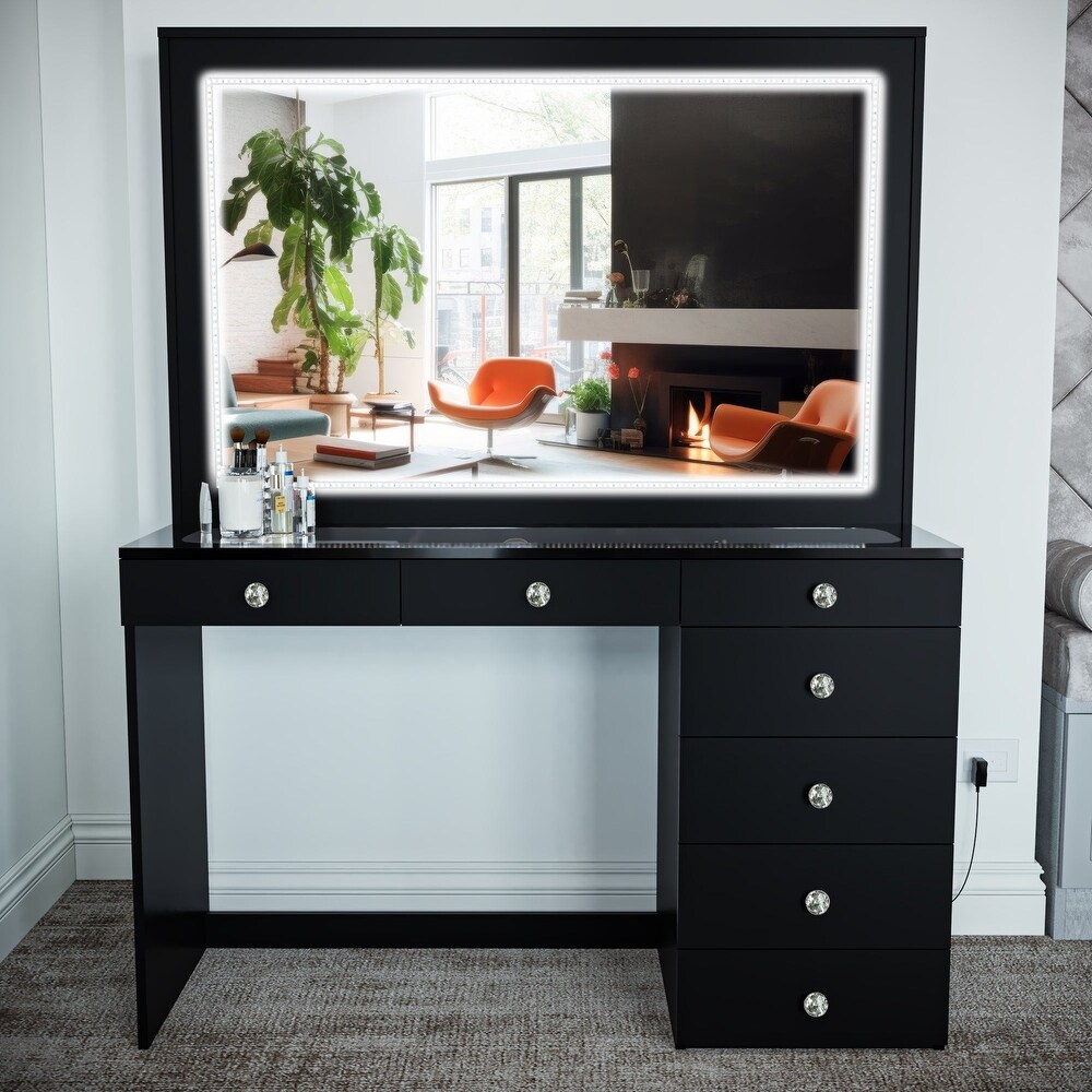 Boahaus Theia Modern Black Vanity Desk  7 Drawers