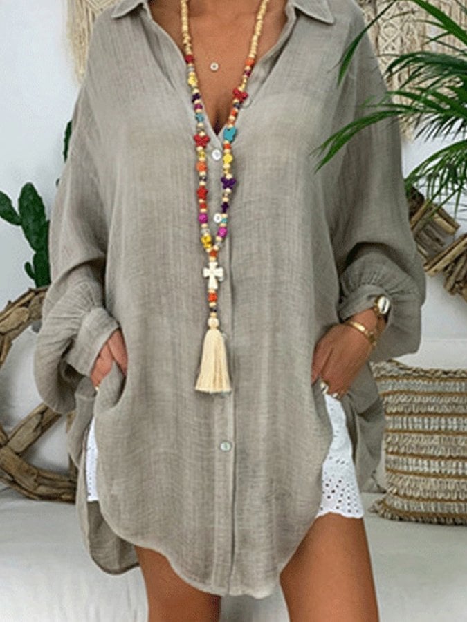 Ladies Spring/Summer Solid Color Casual Long Sleeve Shirt