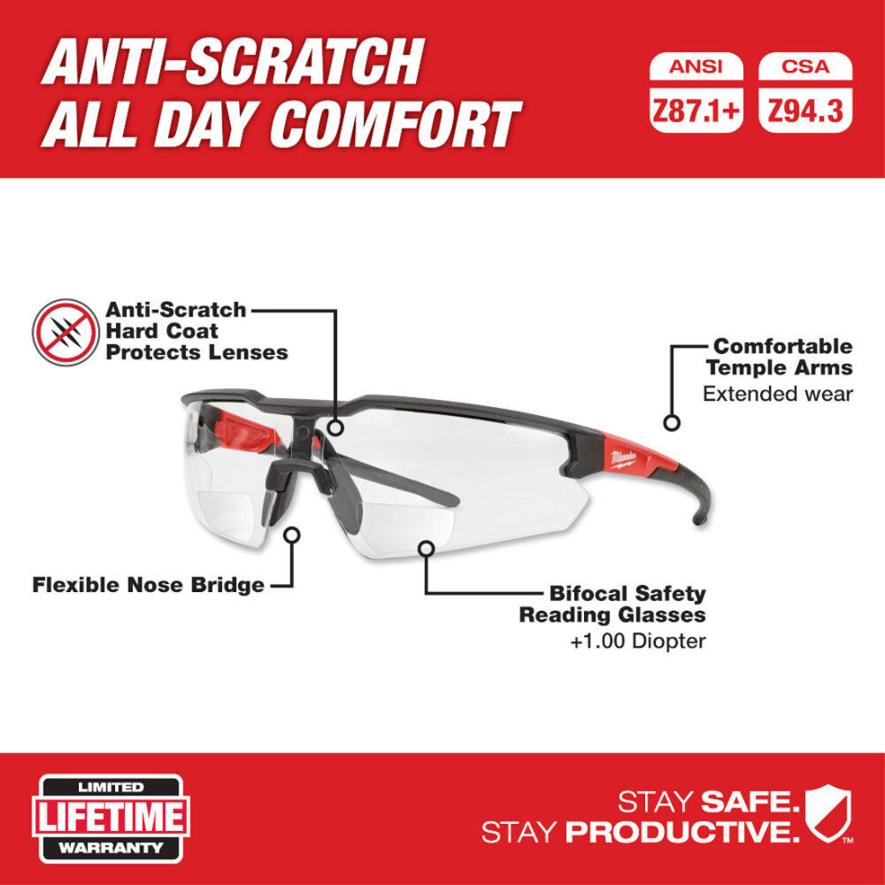 MW Safety Glasses - +1.00 Magnified Clear Anti-Scratch Lenses (Polybag) 48-73-2201 from MW