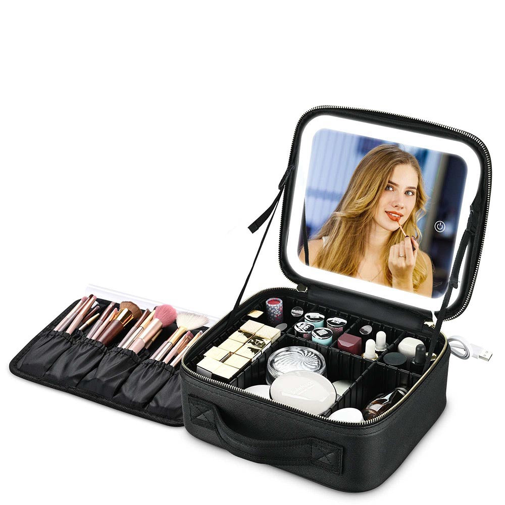 Yescom Small Lighted Makeup Case with Mirror Dividers Brush Holder