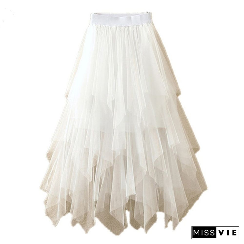 Women Summer Tulle Skirt Elastic Mesh Layered High Waist Pleated Ladies Midi Skirt