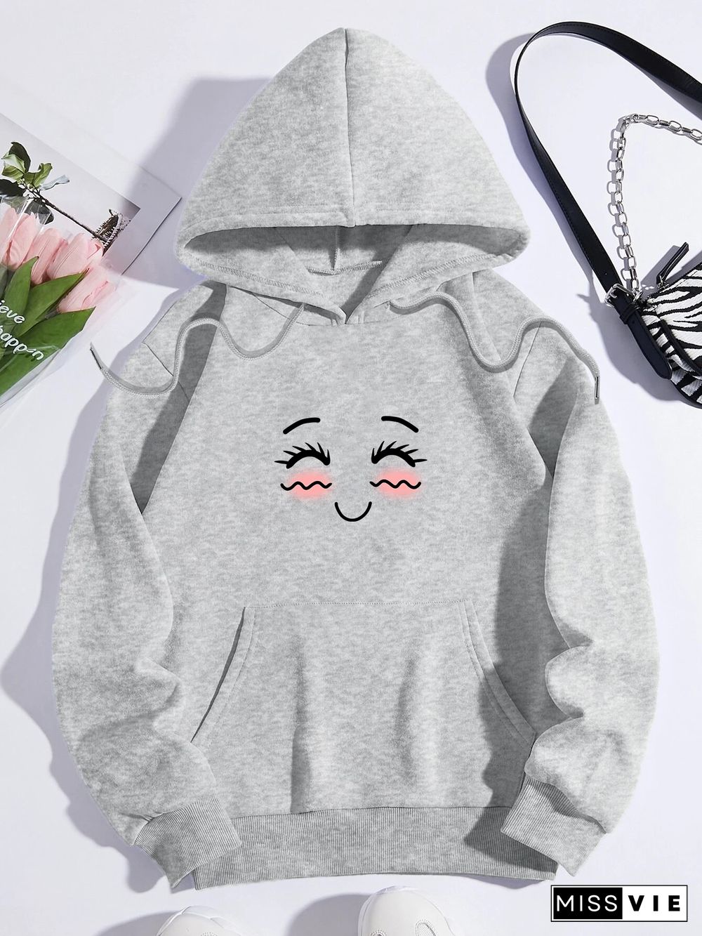 Printed on front Kangaroo Pocket Hoodie Long Sleeve for Women Pattern Smiley face