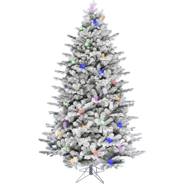 Fraser Hill Farm 7.5Ft. Full White Tail Pine SnowFlocked Christmas Tree with Colorful G40 Bulbs