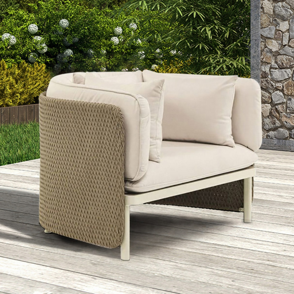 Rattan Outdoor Armchair Patio Accent Chair with Cushion Pillow   Tropical   Outdoor Lounge Chairs   by Homary International Limited  Houzz