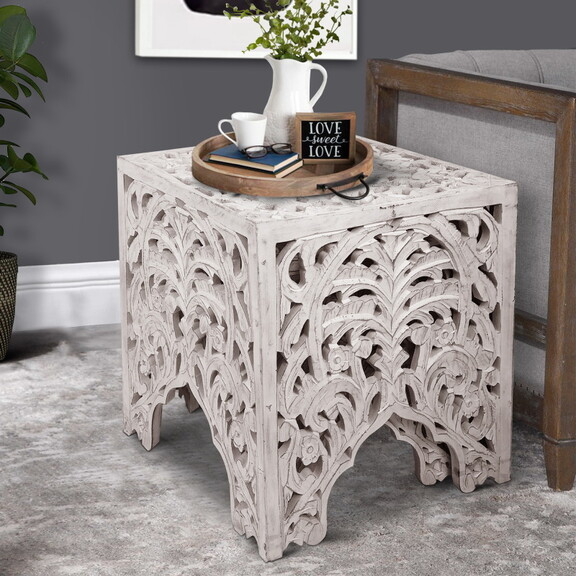 Wooden End Table with Floral Cut Out Design  Set o...