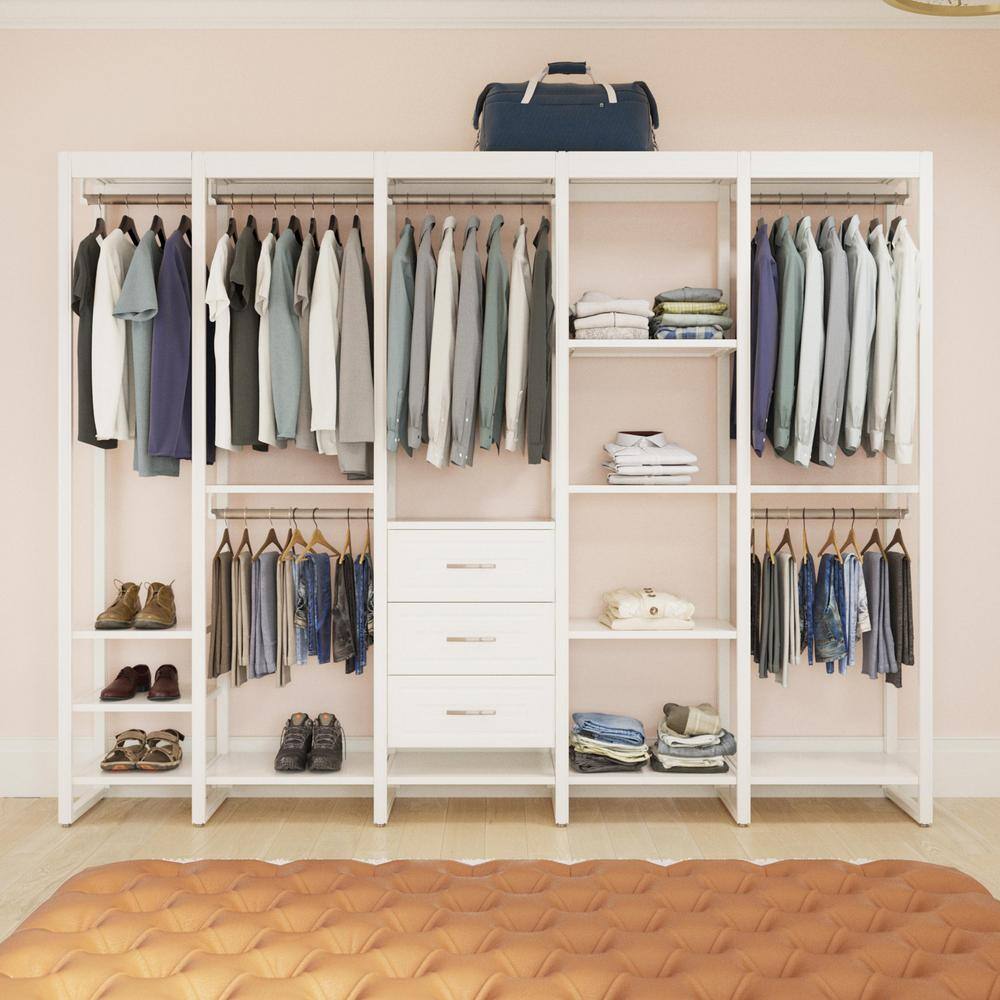 CLOSETS By LIBERTY 108 in. W White Adjustable Wood Closet System with 13-Shelves 6-Rods and 3-Drawers HS47567-RW-09