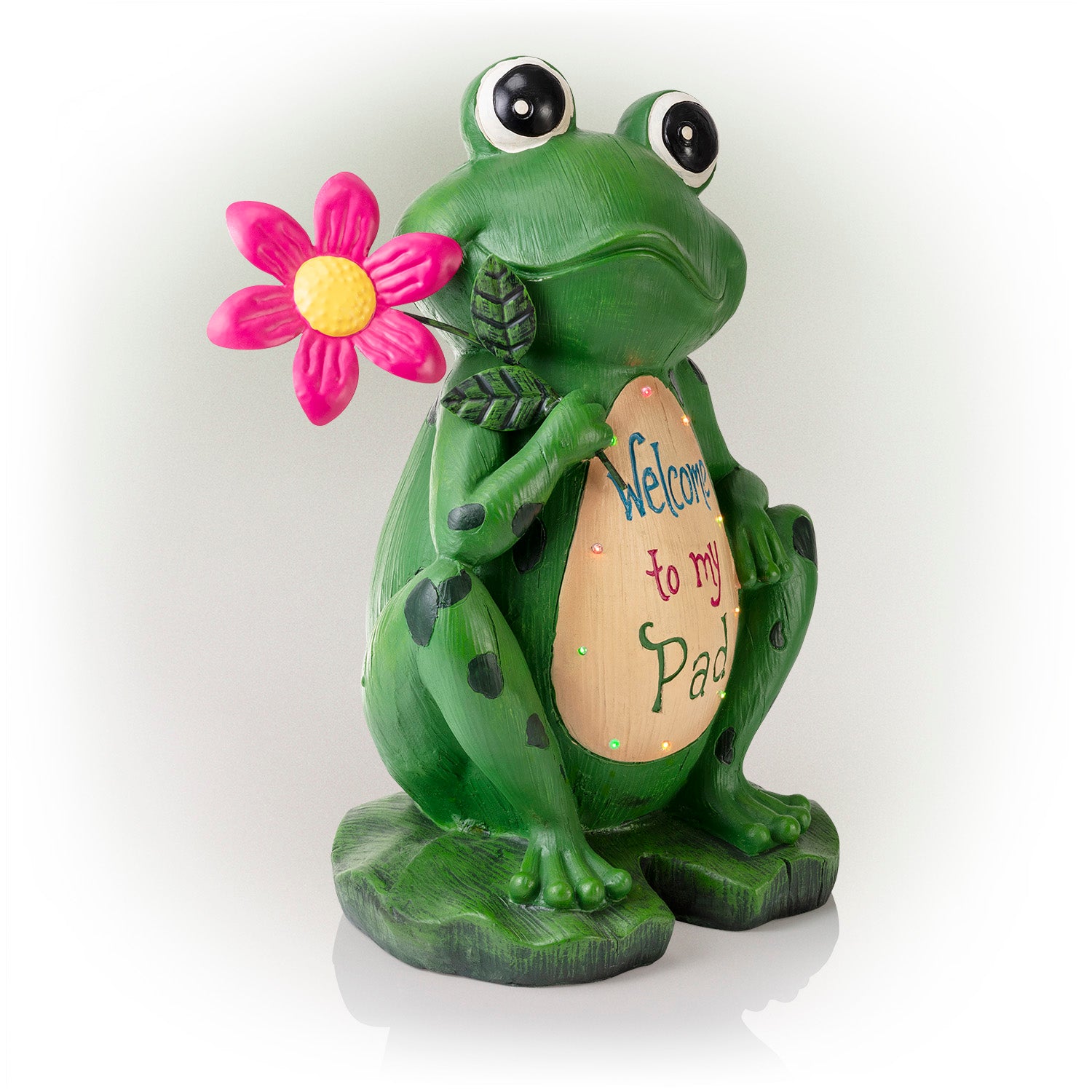 Alpine Corporation 12" x 9" x 18" Polyresin Lighted Welcome Frog Garden Statue, Green/Pink