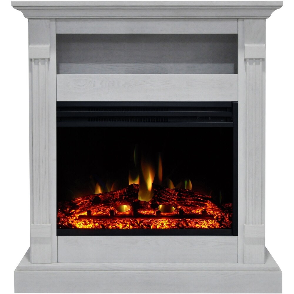 Hanover Drexel 34 In. Electric Fireplace Heater with White Mantel  Deep Log Display  Multi Color Flames   34 Inch