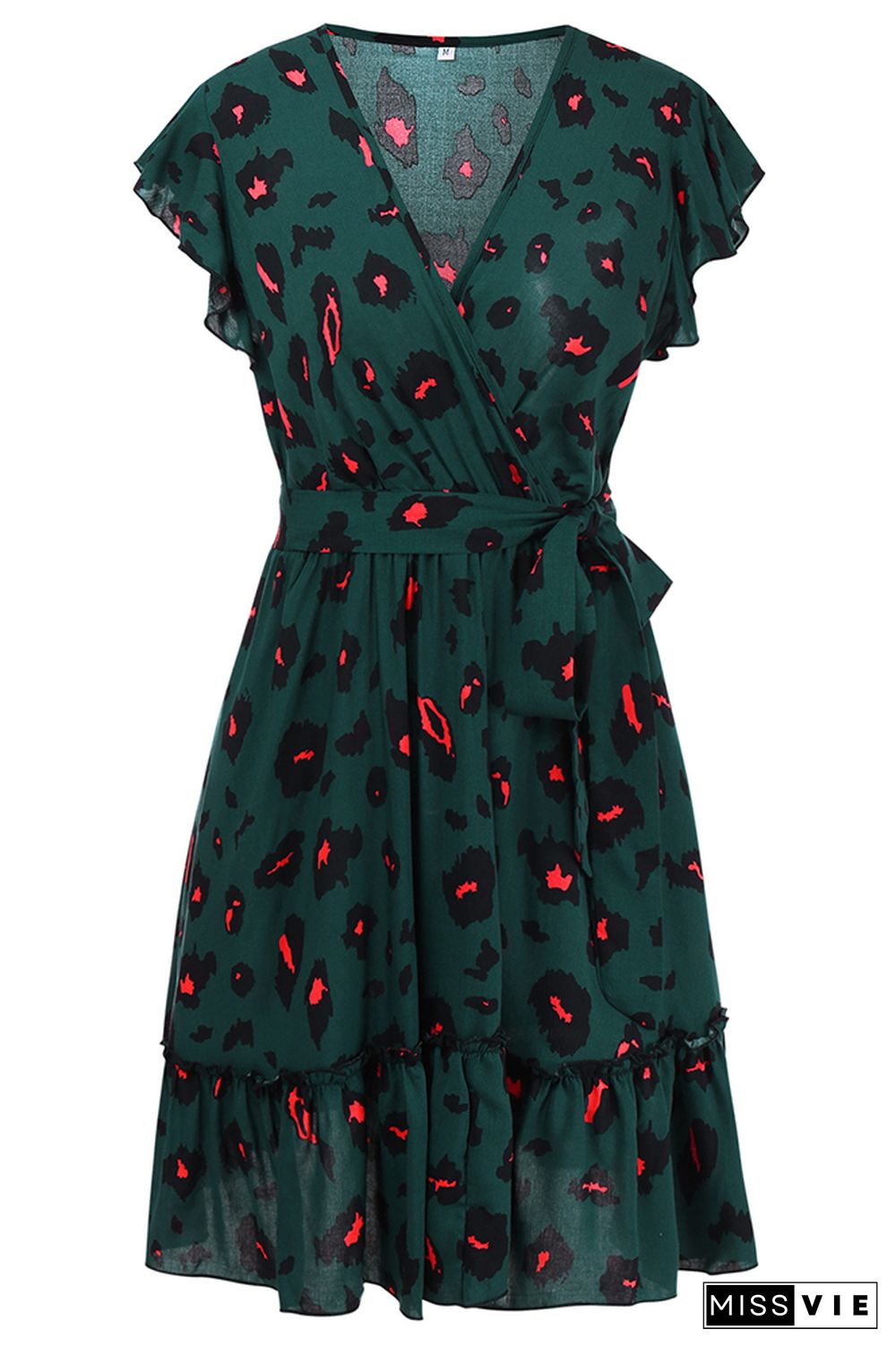 Polka Dot V-neck Ruffle Sleeve Tie Waist Midi Dress Wholesale