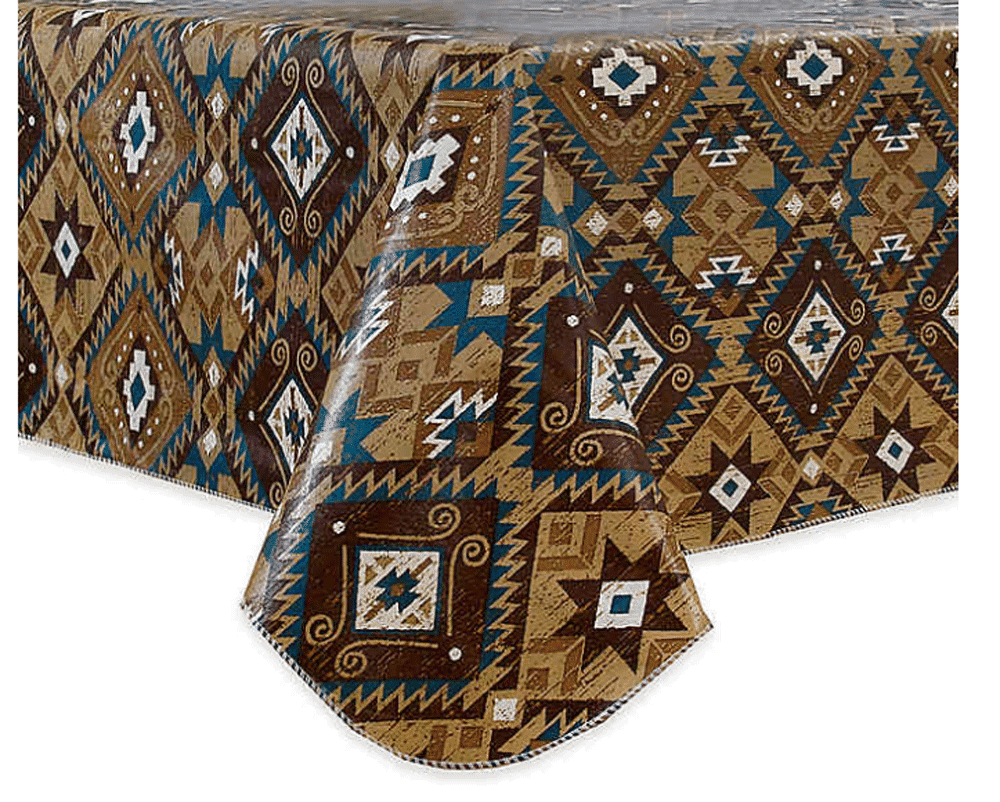 Santa Fe Brown Blue and White Stain Resistant Flannel Backed Vinyl Tablecloth (60" x 84" Oblong/Rectangular Umbrella Hole)