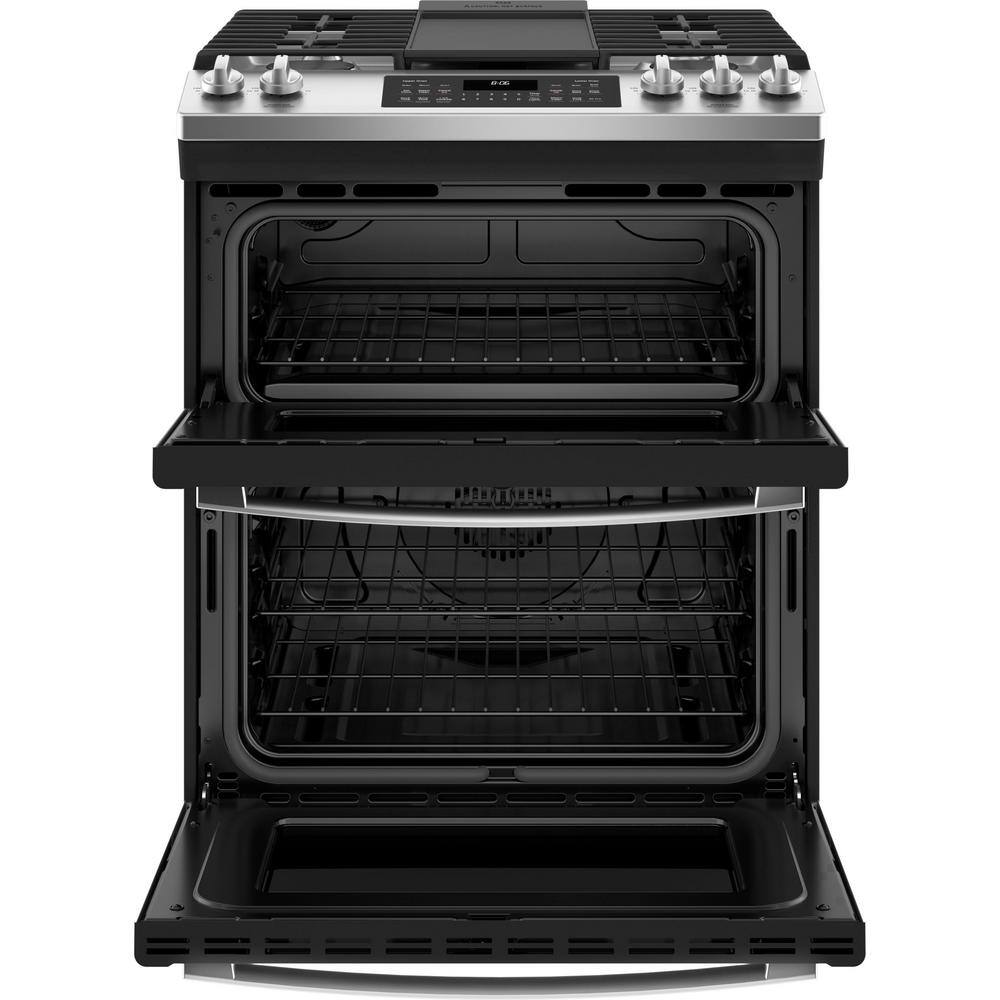 GE 30 in. 6.7 cu. ft. Slide-In Double Oven Gas Range in Stainless Steel with Griddle JGSS86SPSS