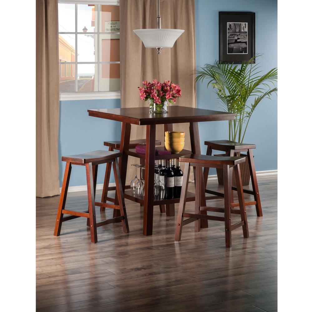 Winsome Wood Orlando 5-Pc Set， High Table with 2 Shelves and 4 Saddle Seat Counter Stools， Walnut Finish