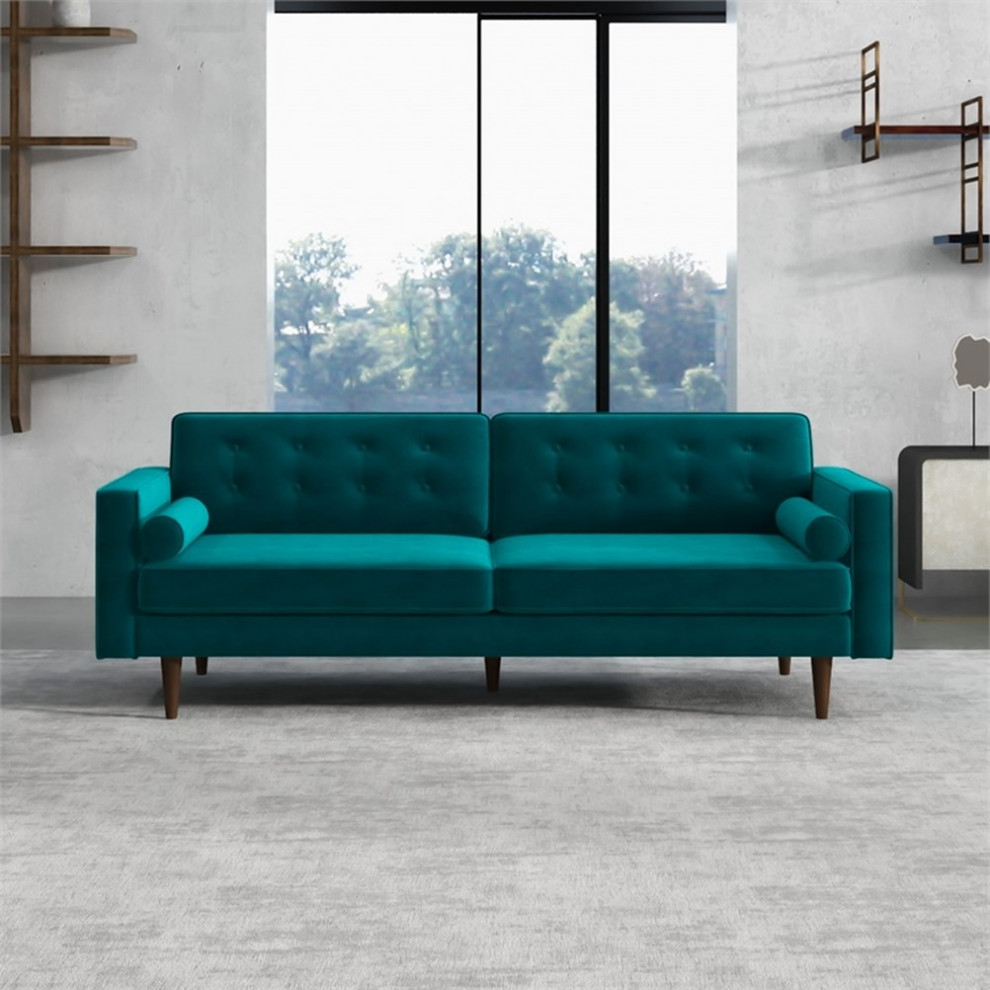 Madoc Mid Century Upholstered Tufted Back Turquoise Velvet Sofa   Midcentury   Sofas   by Homesquare  Houzz