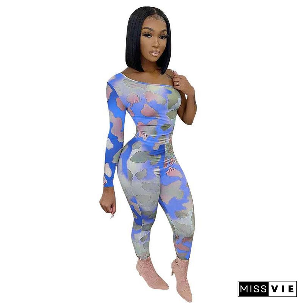 Tie Dye Printed Single Shoulder Bodycon Jumpsuits