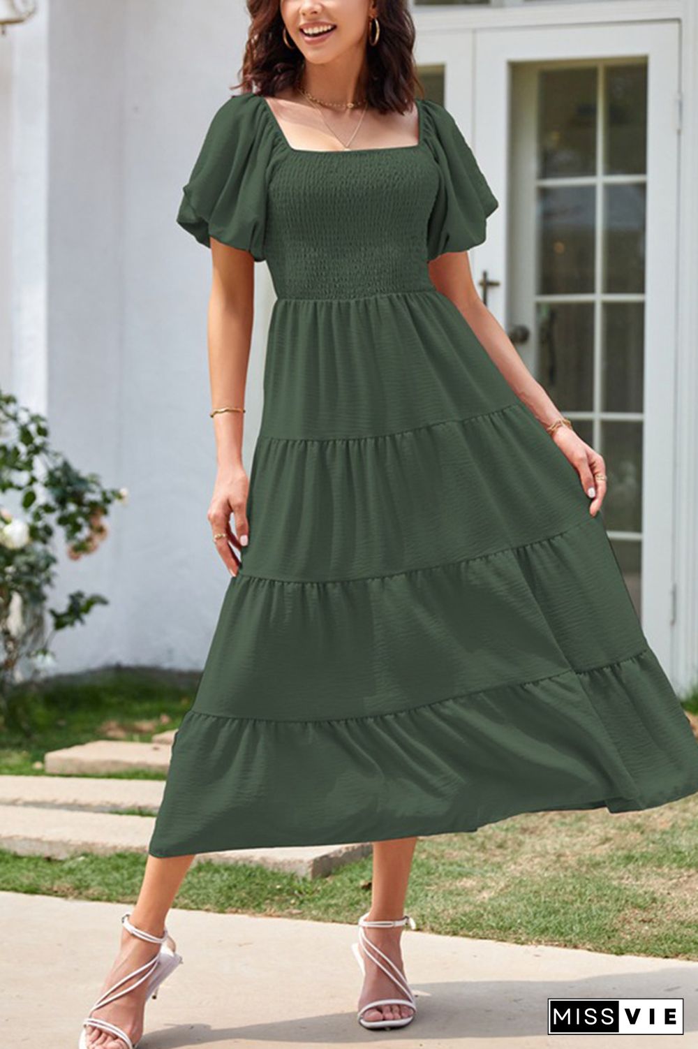 Square Neck Puff Sleeves Tiered Long Dress