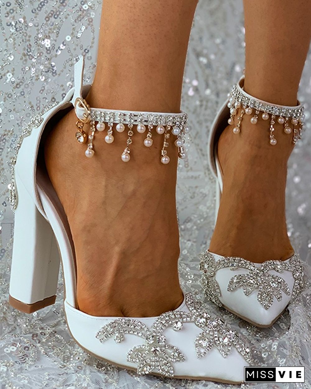 Studded Decor Beaded Tassel Chunky Heels