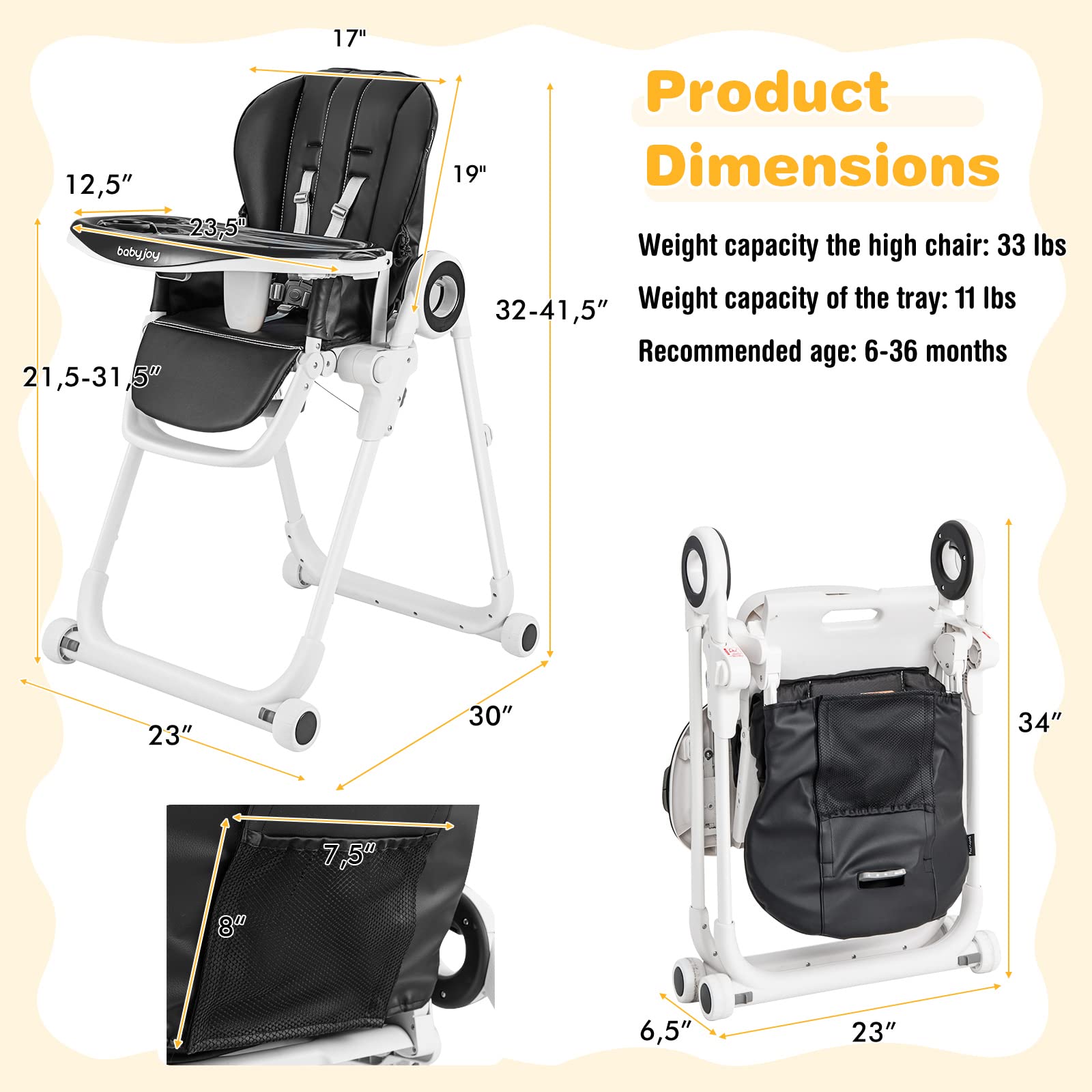 Costzon High Chair for Babies & Toddlers, Foldable Highchair