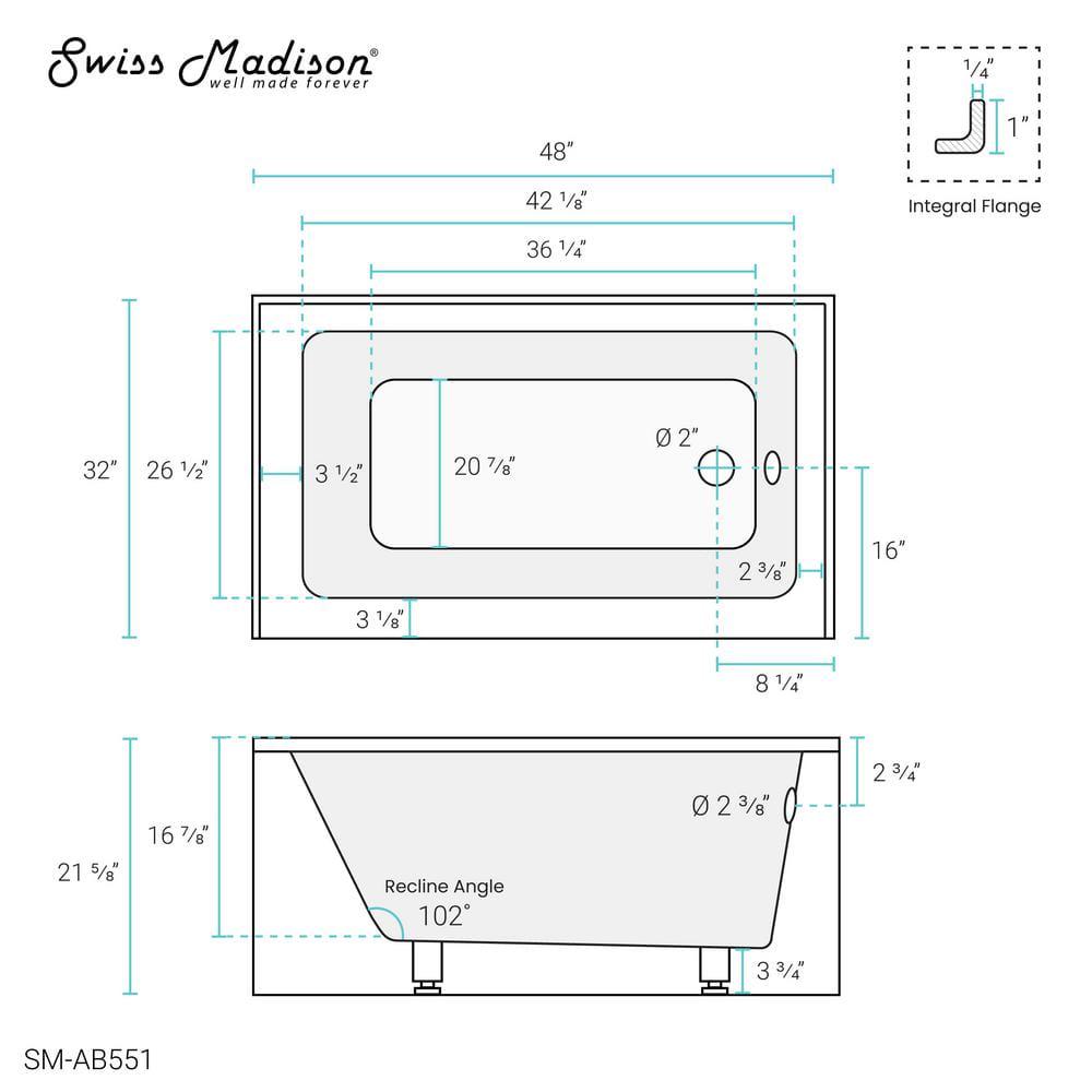 Swiss Madison 48 in x 32 in Right Drain Rectangular Alcove Bathtub in White