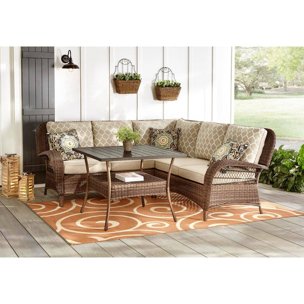 Hampton Bay Beacon Park 4-Piece Steel Brown Wicker Outdoor Sectional Sofa with Toffee Cushions and Slat Top Table FRS80865BL-ST-1