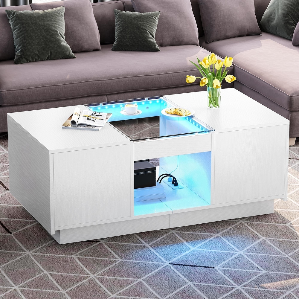 Modern Wood Coffee Table with Storage Drawers and LED Lighting