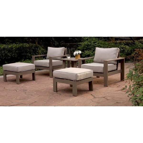 5 Piece Outdoor Patio Furniture Set，Aluminum Frame Wood Grained Chaise Set with 2 Seat Cushions and 2 Ottomans，End Table