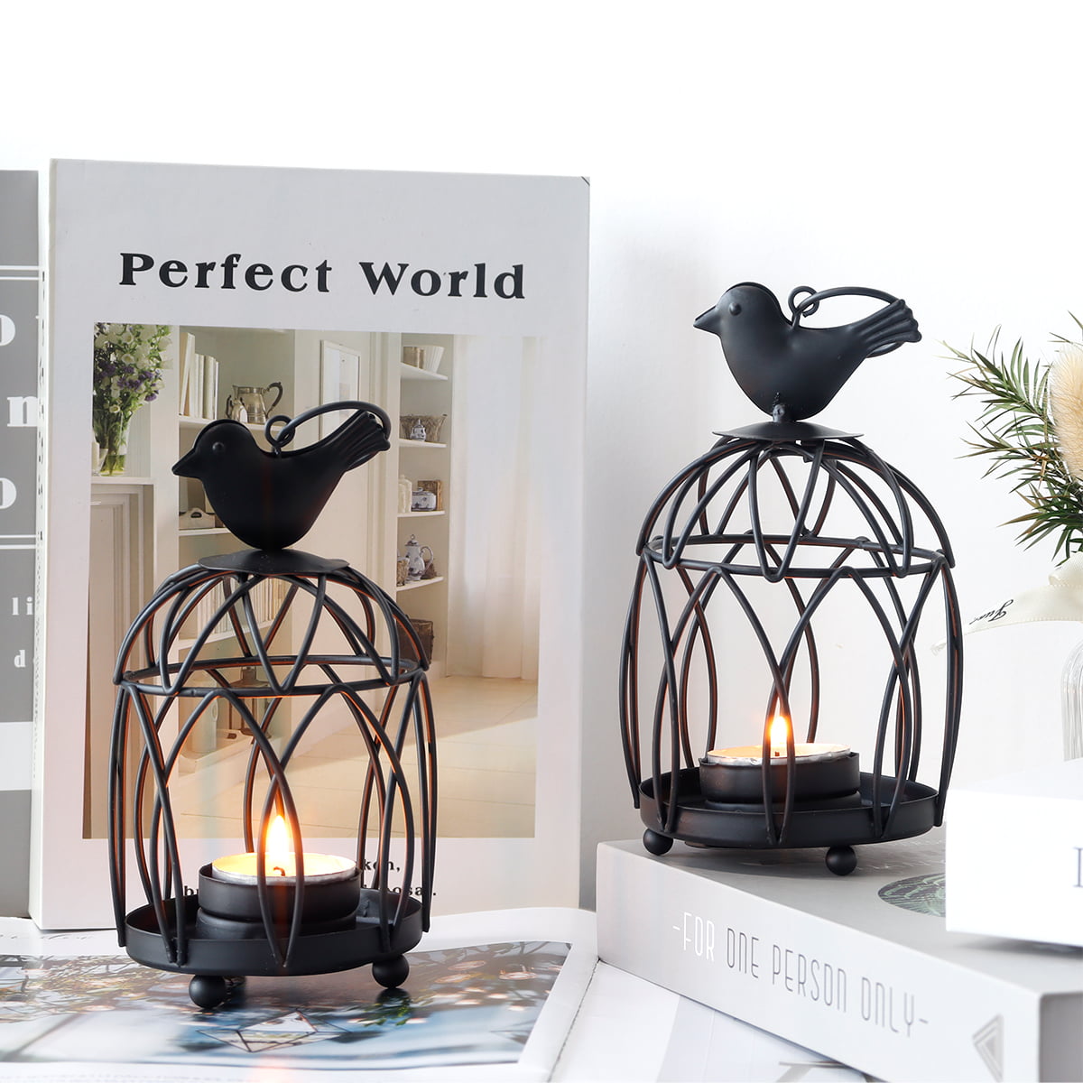 JHY DESIGN Set of 2 Small Metal Outdoor Candle Lantern， Decorative Candlestick Holders， Birdcage Votive and Tealight Candle Holder (Black)