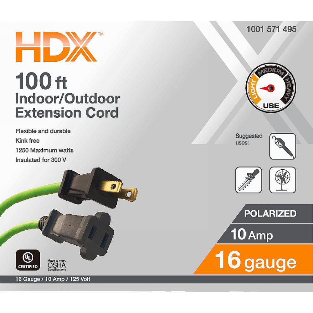 HDX 100 ft. 162 Light Duty IndoorOutdoor Extension Cord Green HW162100HLG