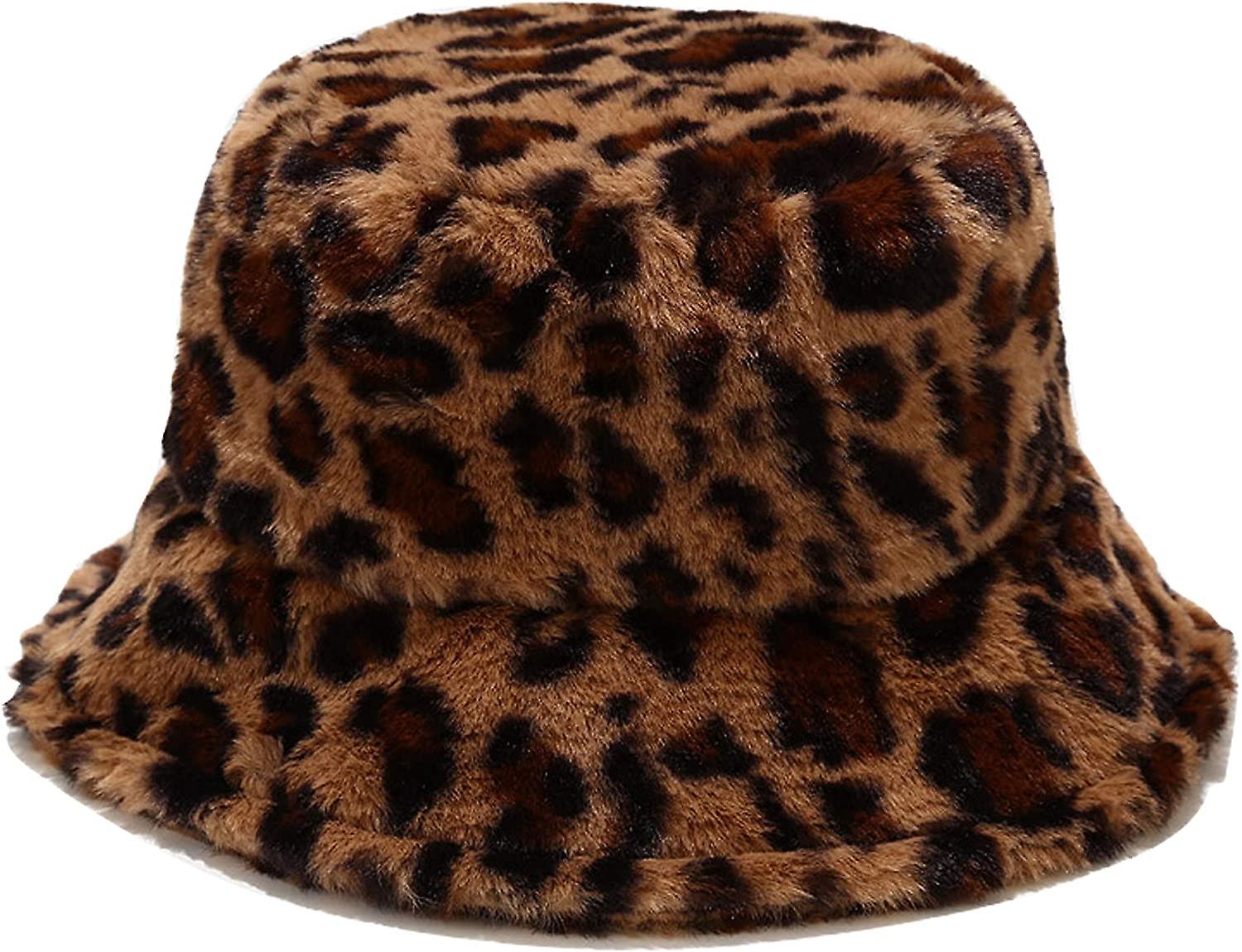 Winter Faux Fur Bucket Hat Fluffy Warm Hat For Women Men Small Leopard Print Camel -