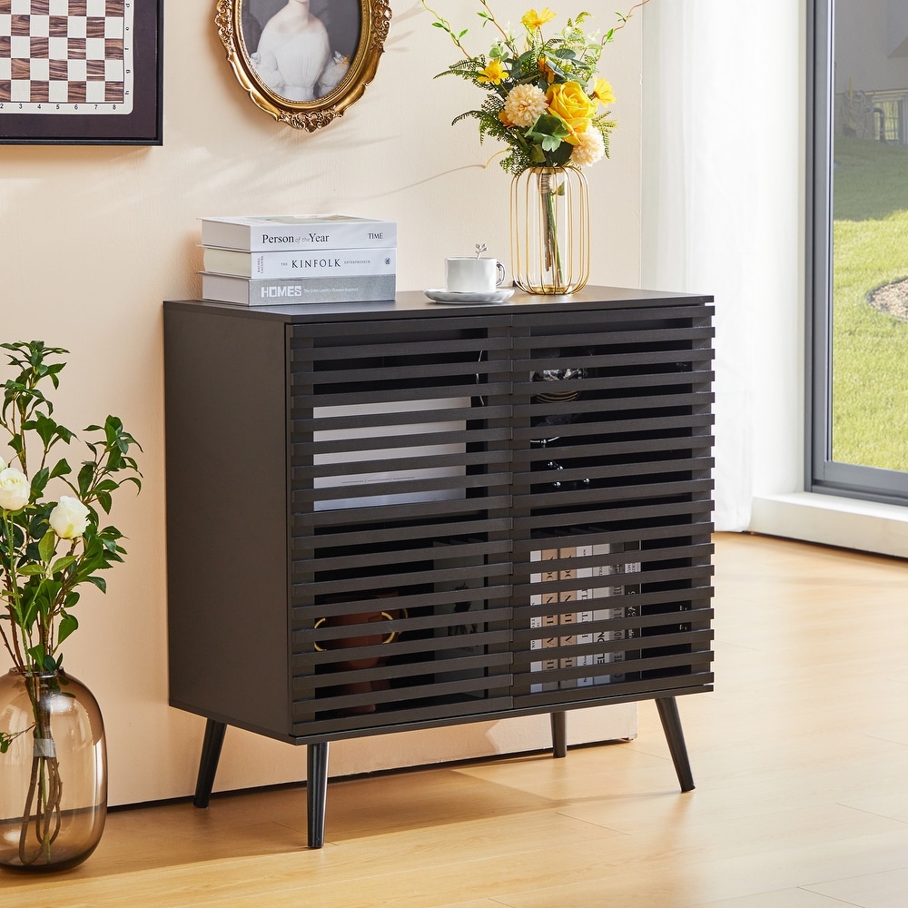 Black Sideboard Buffet Cabinet  Accent Storage Cabinet Kitchen Console Table with 2 Hollowed Out Doors