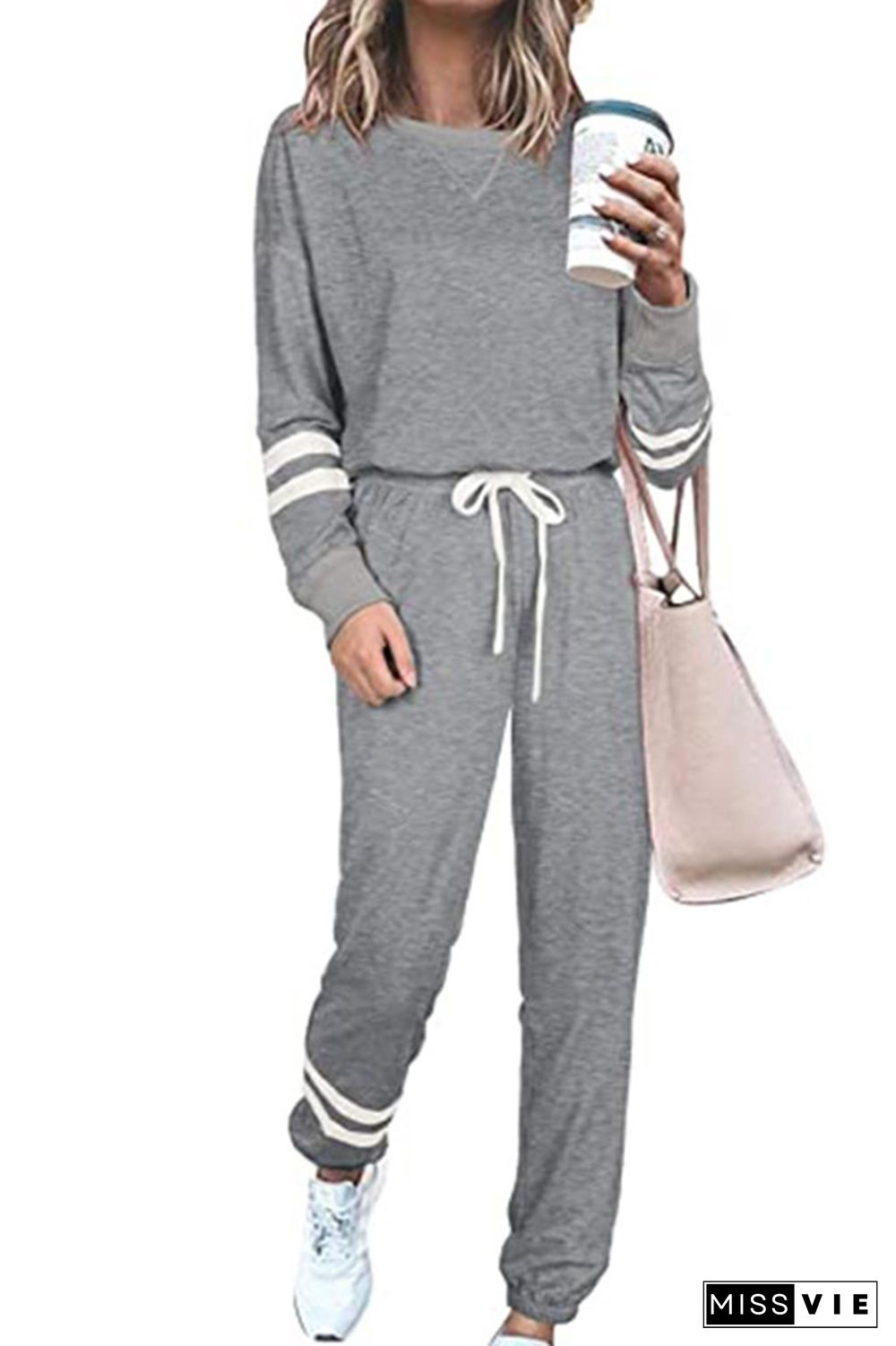 Gray Round Neck Long Sleeve Two Piece Pants Set