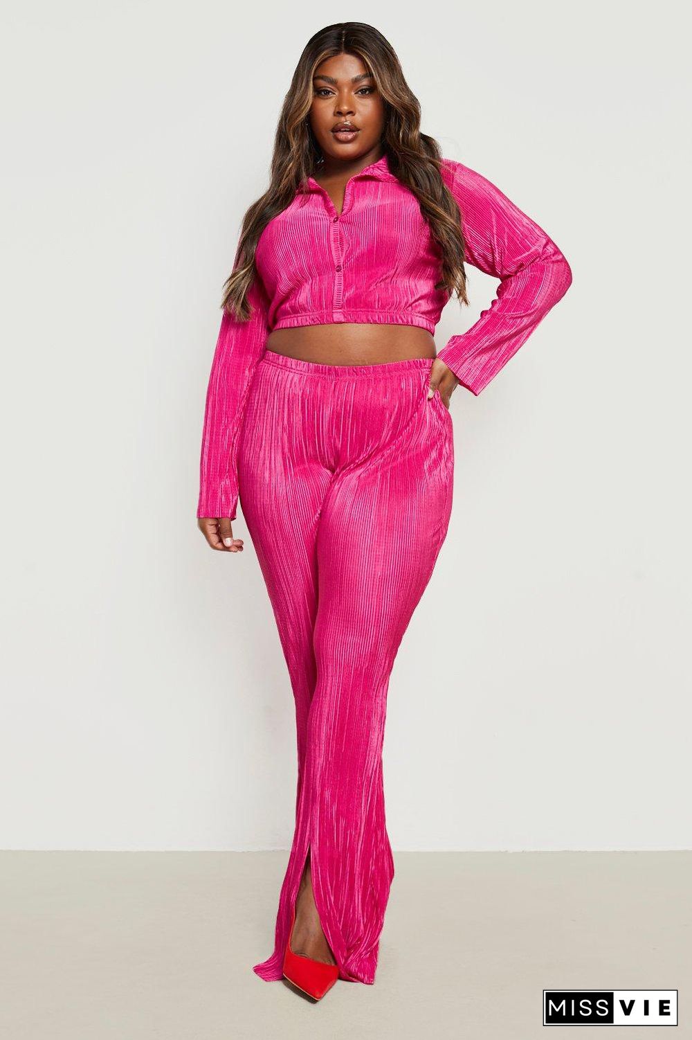 Long Sleeve Button Crop Top Pleated Wide-Leg Pants Set