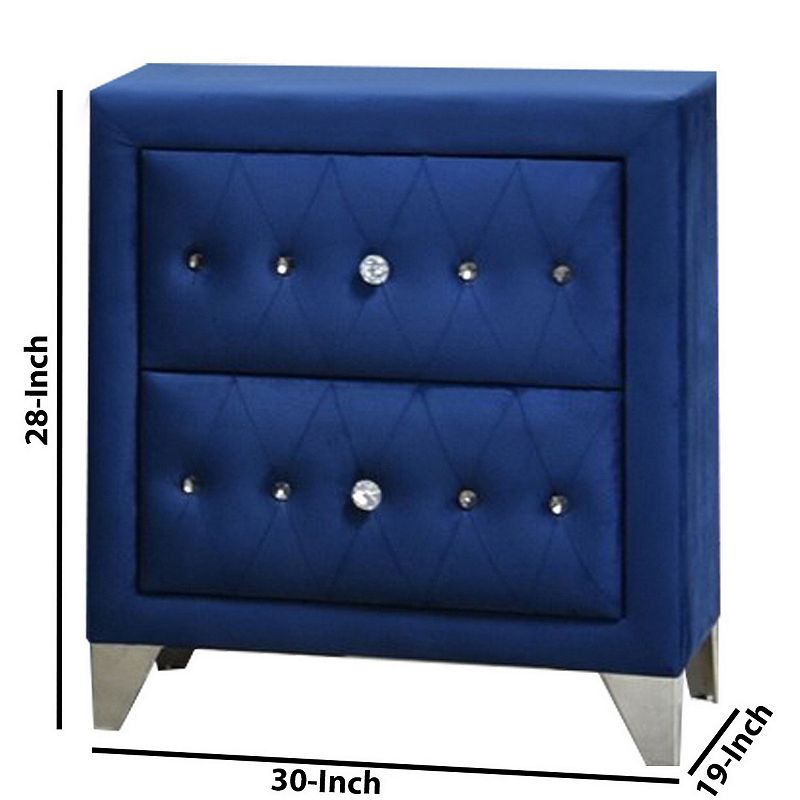 Velvet Upholstered 2 Drawer Wooden Nightstand with Faux Crustal Knobs， Blue