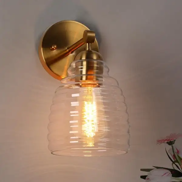 Reno Mid-Century Modern 1-Light Gold Bathroom Vanity Lights Clear Glass Wall Sconce - L 5.5