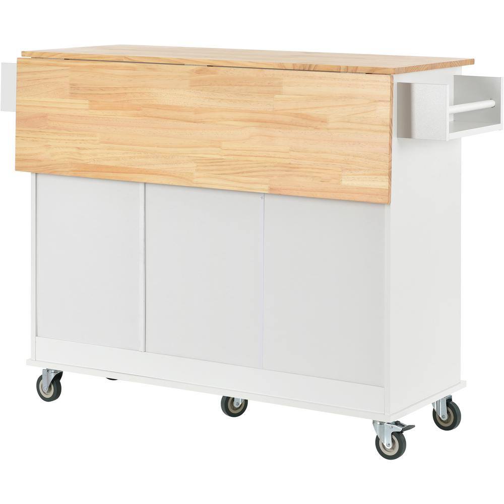 Tileon White Solid Wood Top 52.76 in. W Kitchen Island with Drop Leaf and Drawers Storage Cabinet with Locking Wheels WYHDRA074