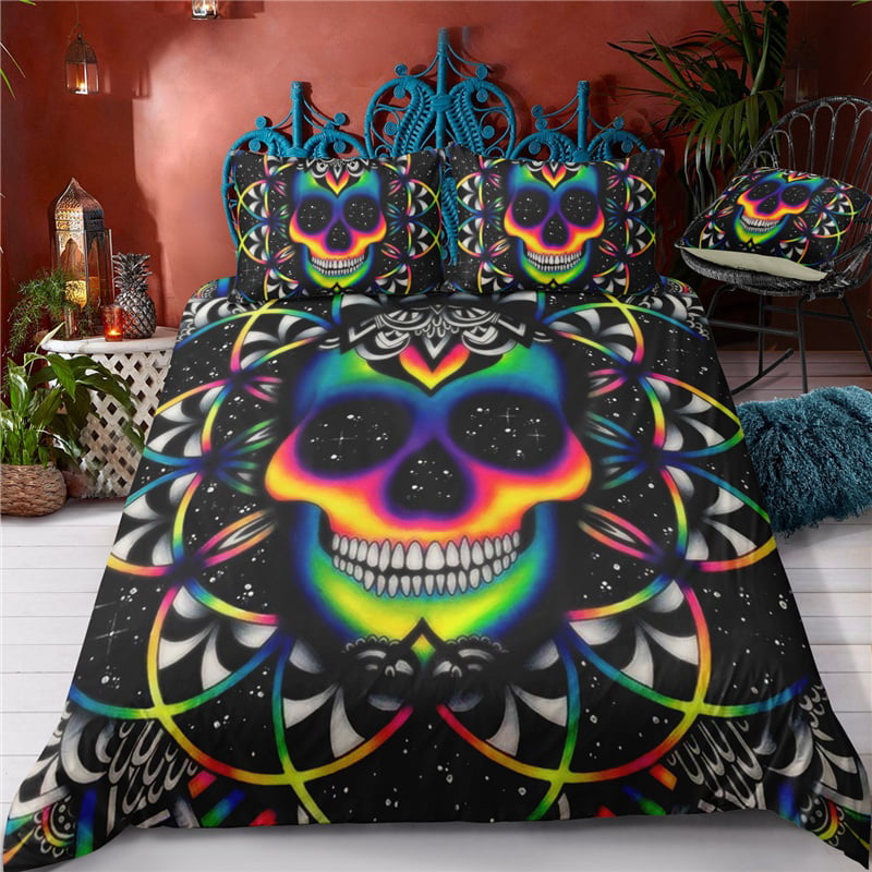 Colorful Skull Bedding Black Neon Skeleton Bed Cover 3/2 Piece Galaxy Duvet Cover Gothic Bedspread,Queen (90