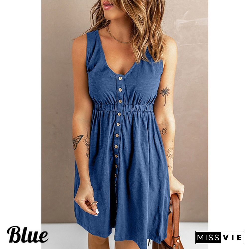 Womens Casual Sleeveless Button Down Elastic Waist Swing Loose Plain Short Dresses Plus Size Tank Tops Dresses