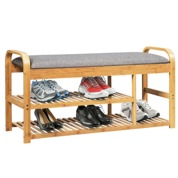 Costway 72910548 3 Tier Bamboo Shoe Rack Bench wit...